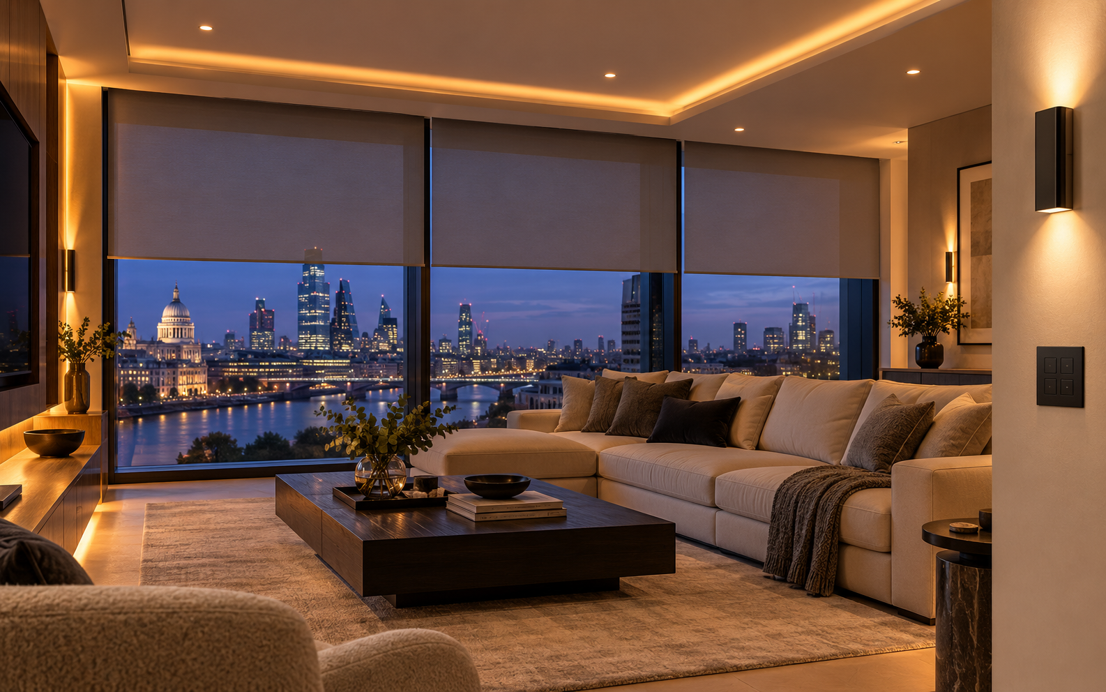 Luxury interior with smart lighting control and automated motorized window shades