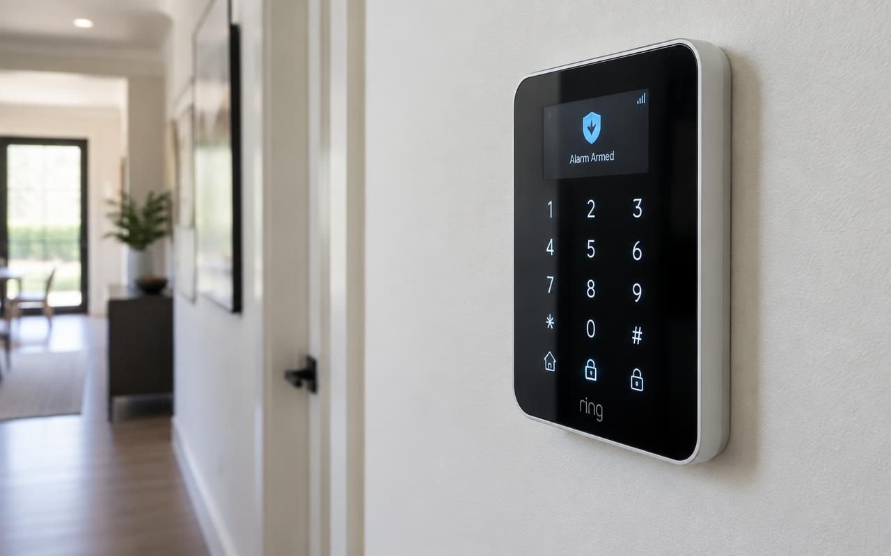 Wireless intruder alarm touch keypad mounted in a home hallway