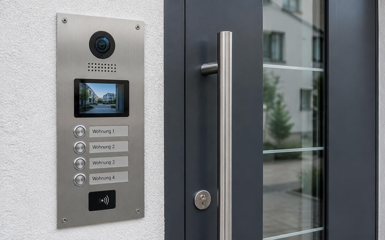 Stainless steel video door entry panel beside an apartment block entrance