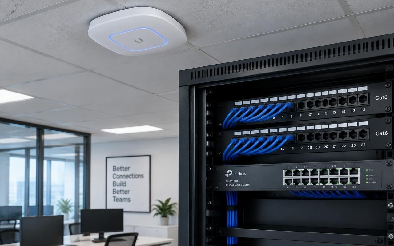 Ceiling-mounted wireless access point and structured Cat6 network rack in an office