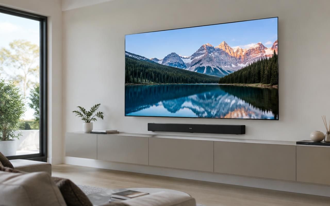 Flat-screen TV wall mounted with concealed cables above a soundbar in a modern London living room